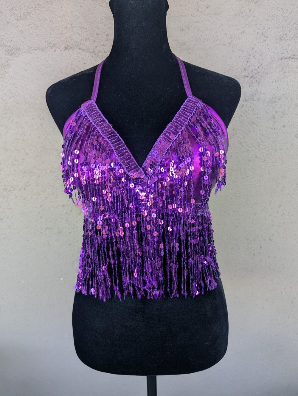 💜NWOT Purple Sequin Fringe Belly Dance Halter Top